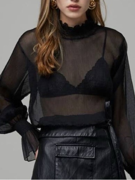 OAK + FORT Tops - Oak and Fort Black Ruffled Mock-Neck Long Sleeve Top